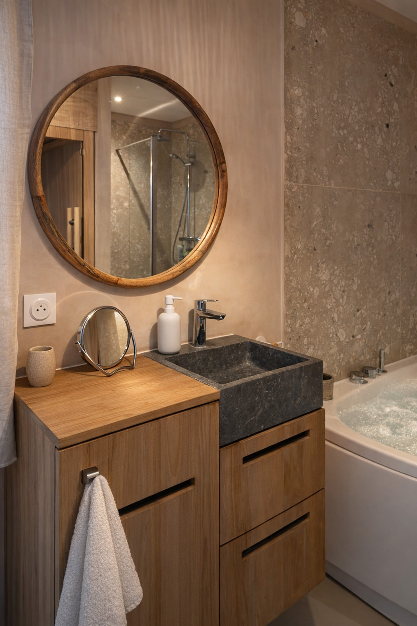 Salle de bain lavabo bois miroir